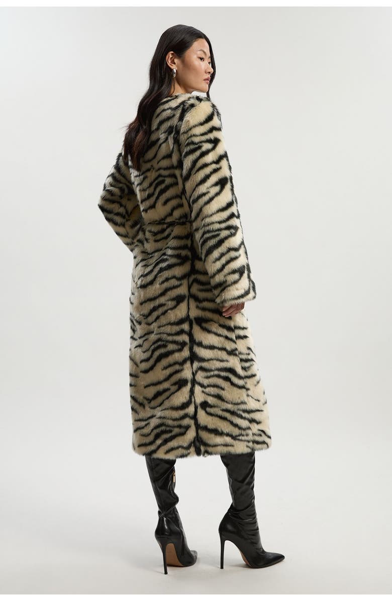 Karen Millen Faux Fur Collarless Tie Belted Midi Coat, Alternate, color, Mono