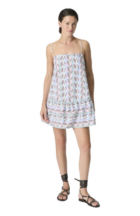 Wide Mini Cover-up Dress In Printed Cotton Poplin