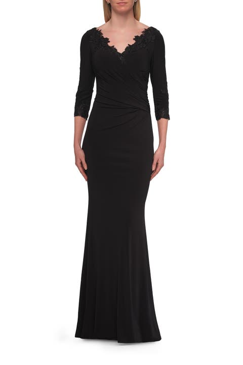 V-Neck Lace Trim Gown with Three-Quarter Sleeves