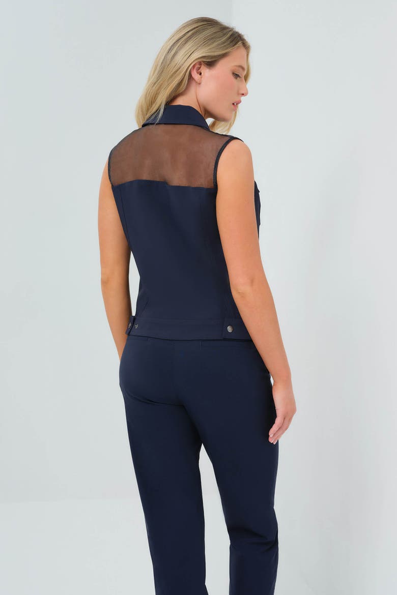 Lenox Organza & Performance Twill Sleeveless Trucker Vest, Alternate, color, Navy