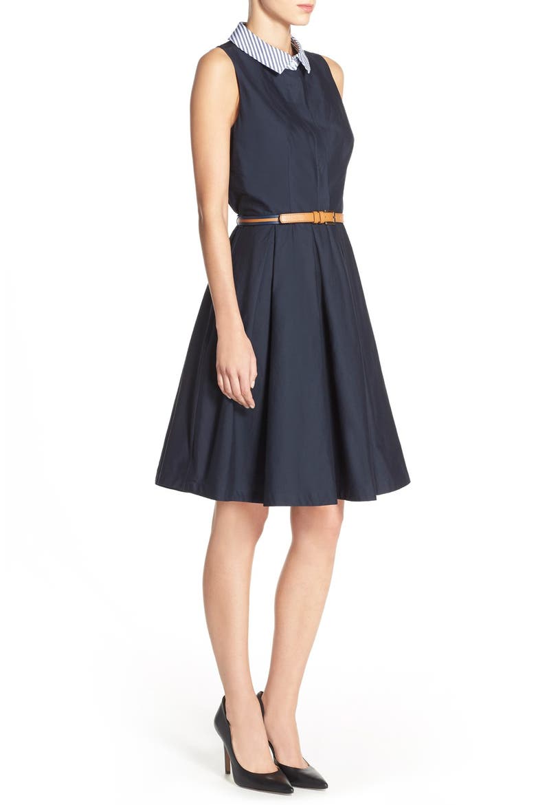 Collared Poplin Fit & Flare Shirtdress, Alternate, color, NAVY