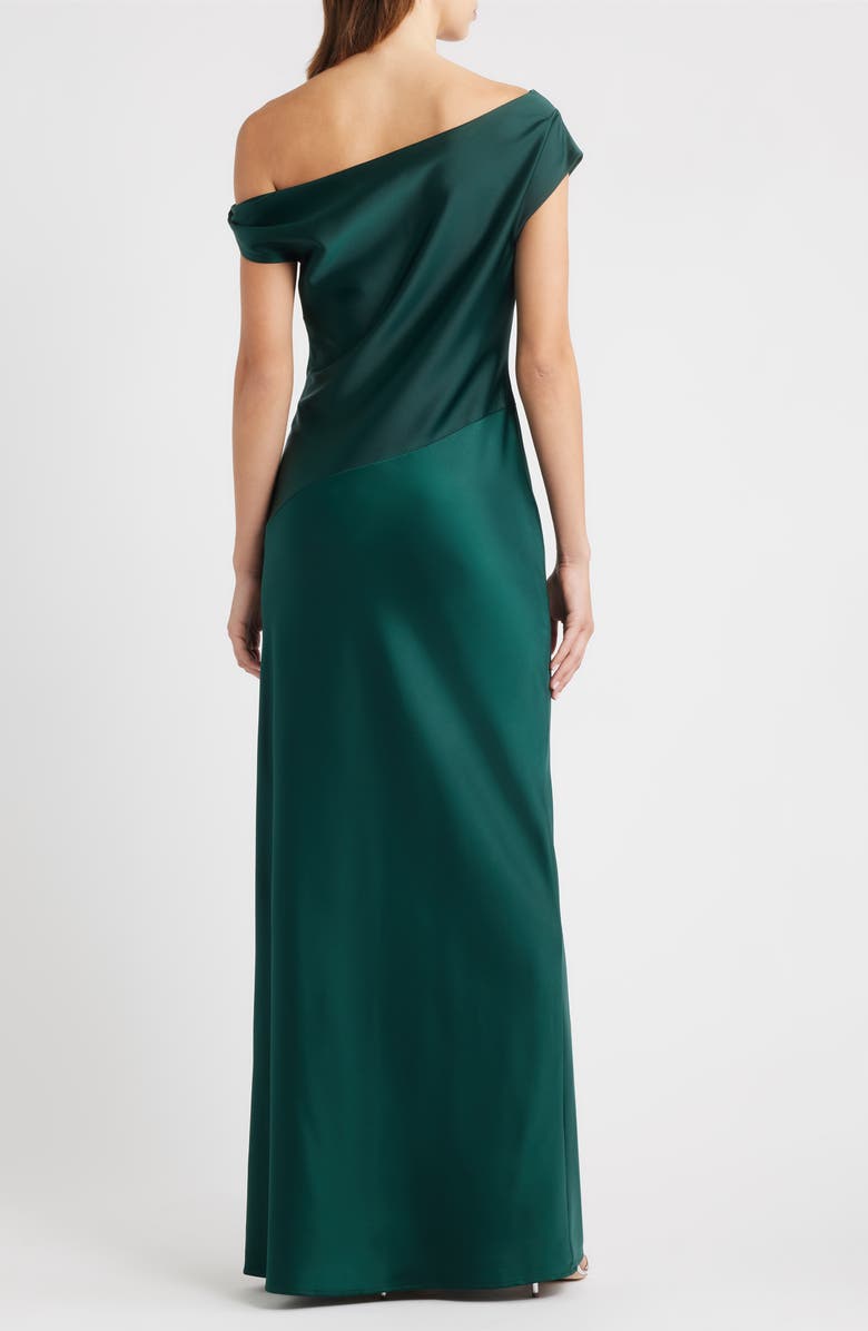 WAYF Colleen One-Shoulder Drape Satin Gown, Alternate, color, Emerald