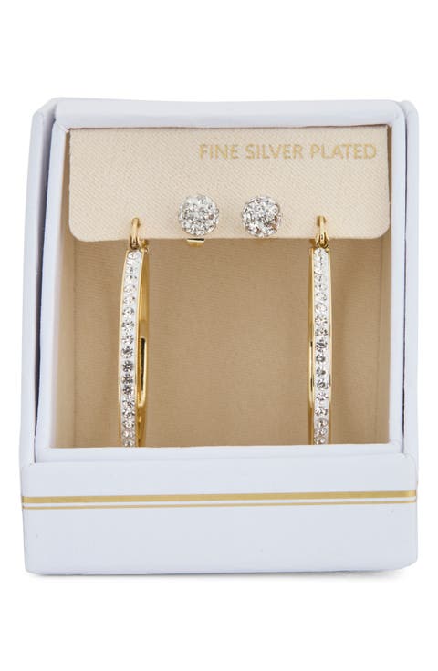 Set of 2 Cubic Zirconia Ball Stud & Hoop Earrings