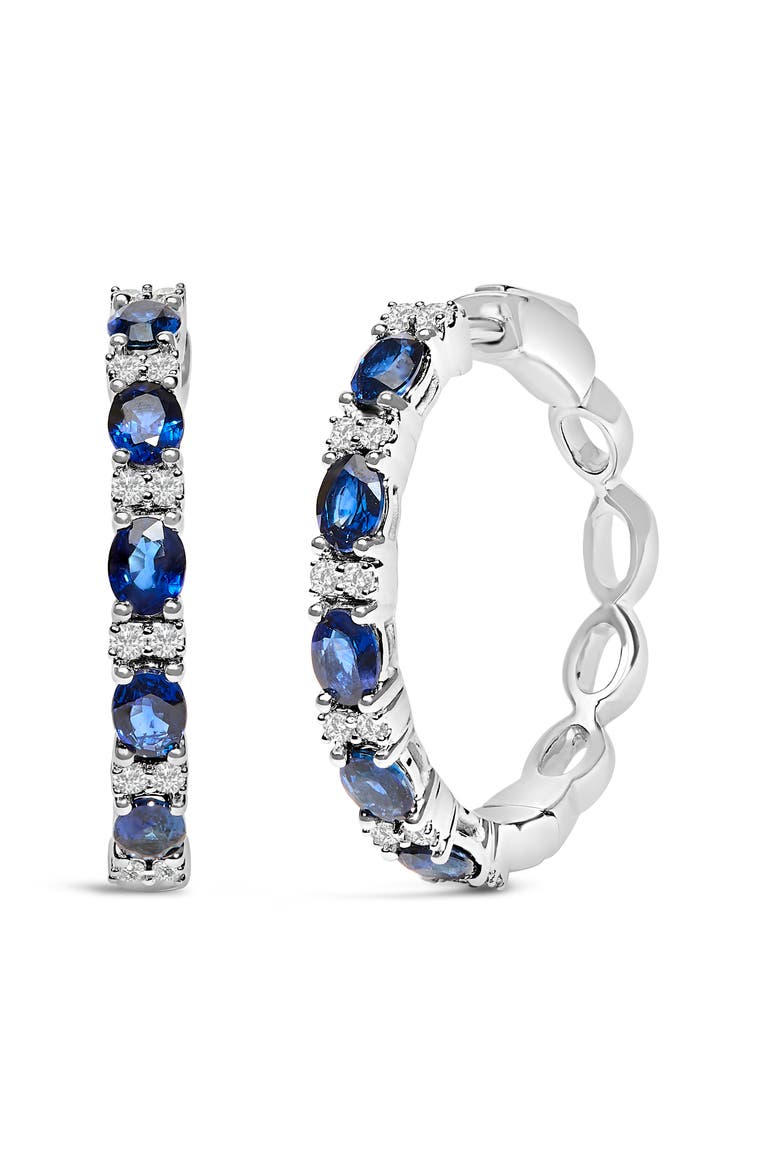 14K White Gold Oval Blue Sapphire & 1/4 Cttw Diamond Alternating Hoop Earring, Main, color, White