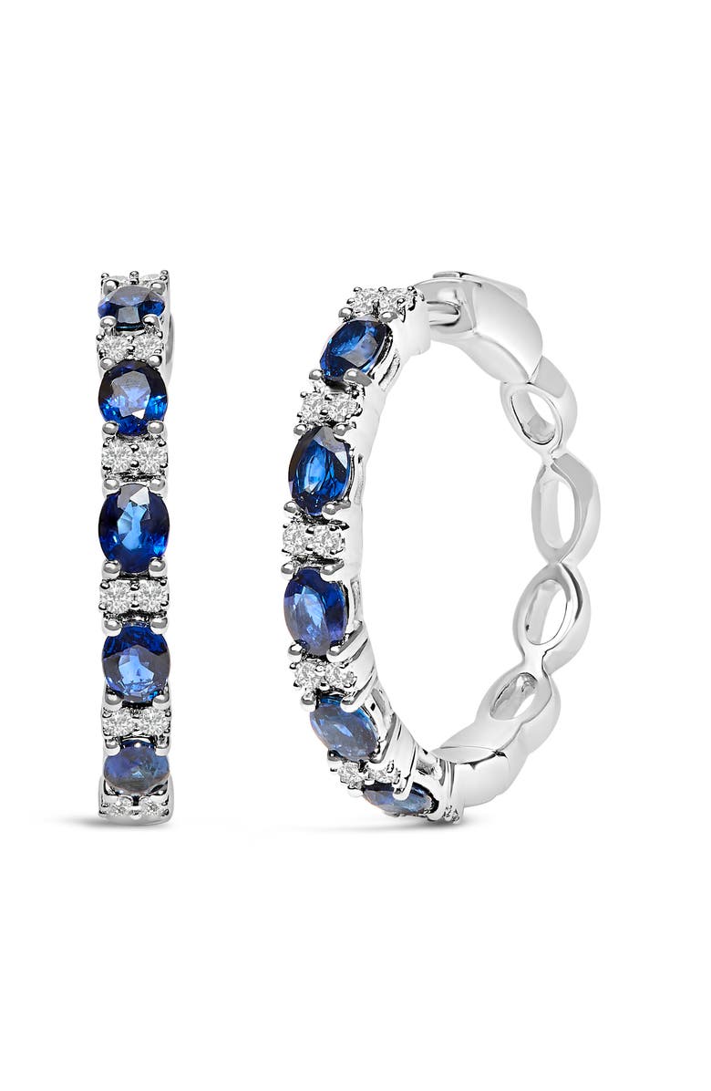 Haus of Brilliance 14K White Gold Oval Blue Sapphire & 1/4 Cttw Diamond Alternating Hoop Earring, Main, color, White