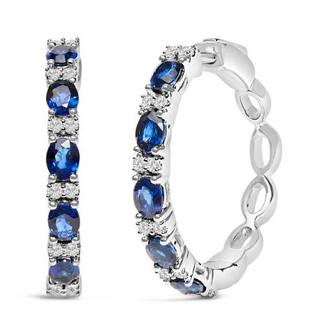 14K White Gold Oval Blue Sapphire & 1/4 Cttw Diamond Alternating Hoop Earring