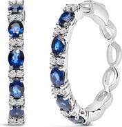 Haus of Brilliance 14K White Gold Oval Blue Sapphire & 1/4 Cttw Diamond Alternating Hoop Earring