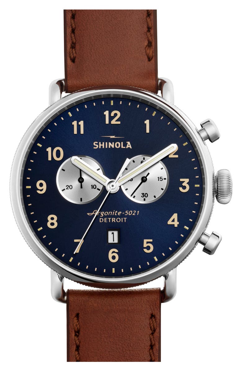 Shinola The Canfield Chrono Leather Strap Watch, 43mm, Alternate, color, Dark Cognac/ Midnight Blue