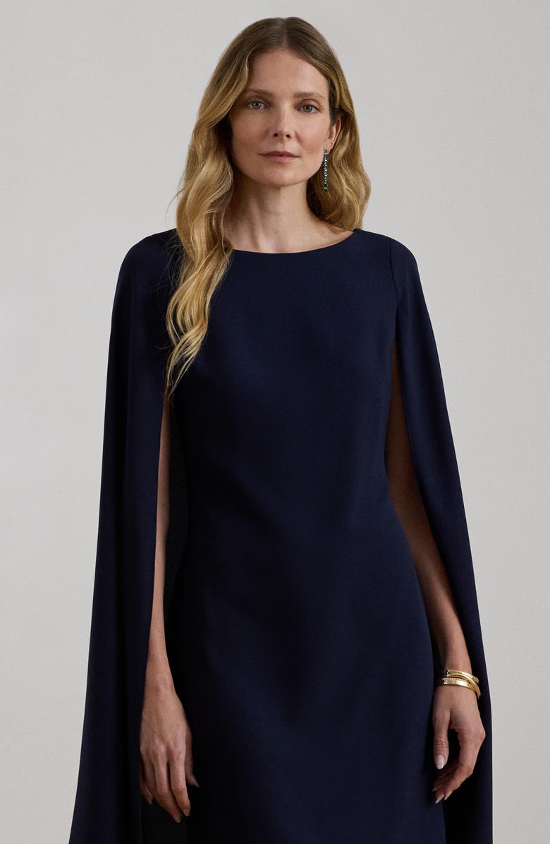 Lauren Ralph Lauren Cape Detail Georgette Cocktail Minidress, Alternate, color, Lighthouse Navy Blue
