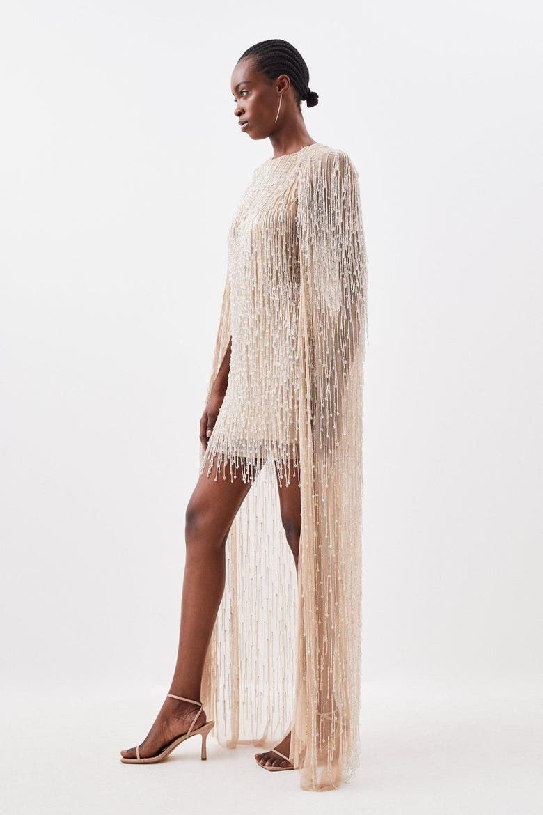 Fringe Cape Mini Dress, Alternate, color, Silver