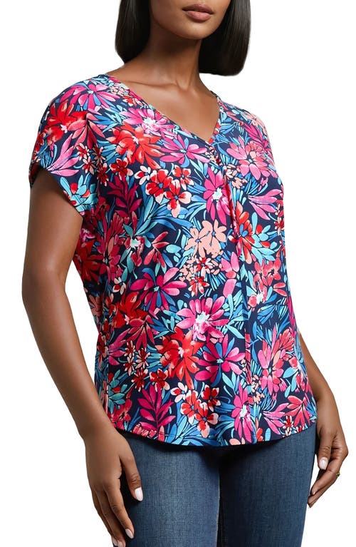 Jones New York Floral Exposed Seam V-neck Top In Pacific Navy Multi