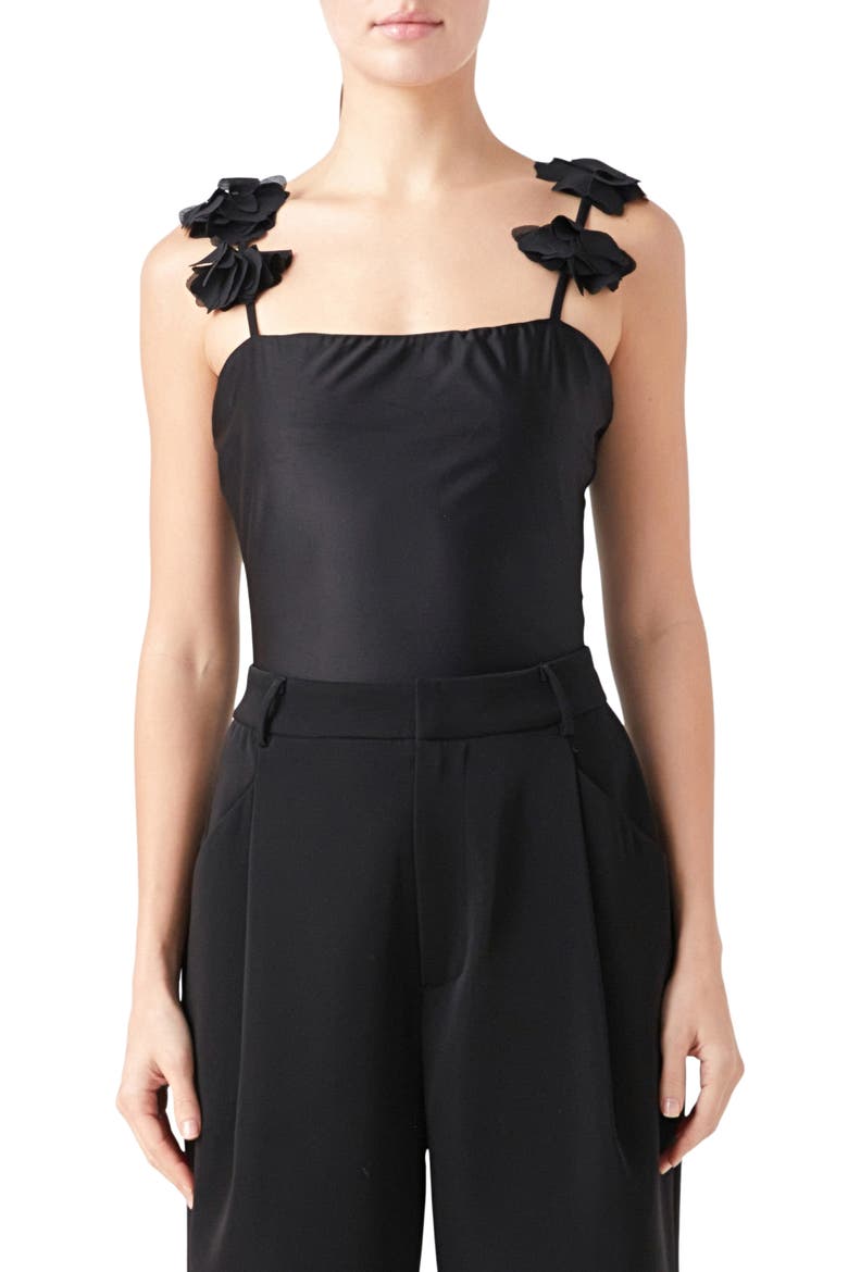 Rosette Shoulder Fitted Top, Main, color, BLACK