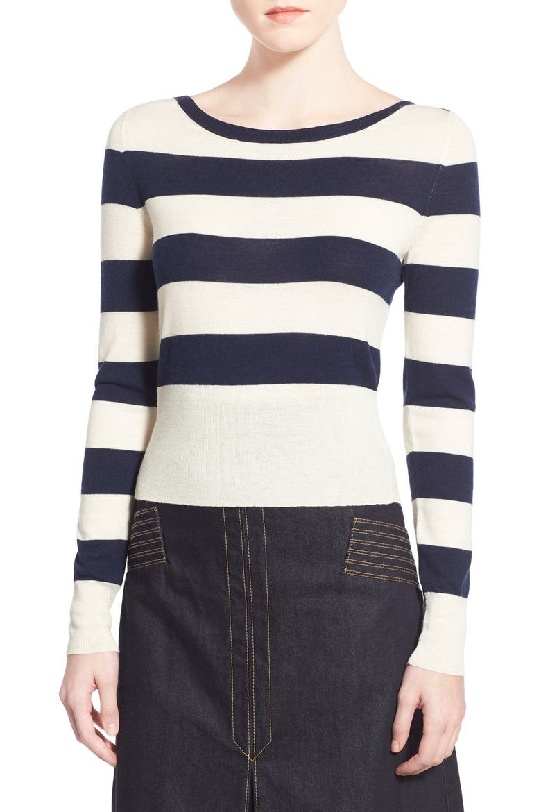 Olivia Palermo + Chelsea28 Stripe Wool & Cashmere Pullover, Main, color, IVORY- NAVY MARGO STRIPE
