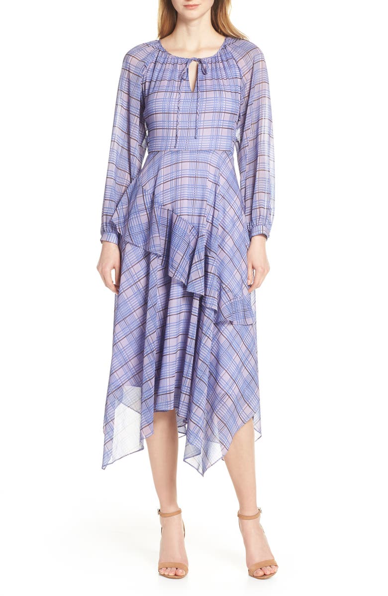 Lenon Plaid Asymmetrical Midi Dress, Main, color, 