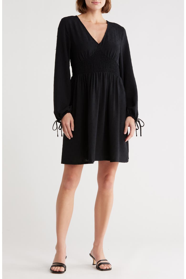 Smocked Waist Long Sleeve Minidress, Main, color, BLACK
