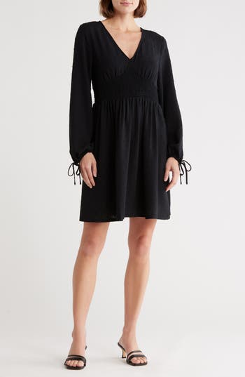 Melrose And Market Smocked Waist Long Sleeve Minidress In Black