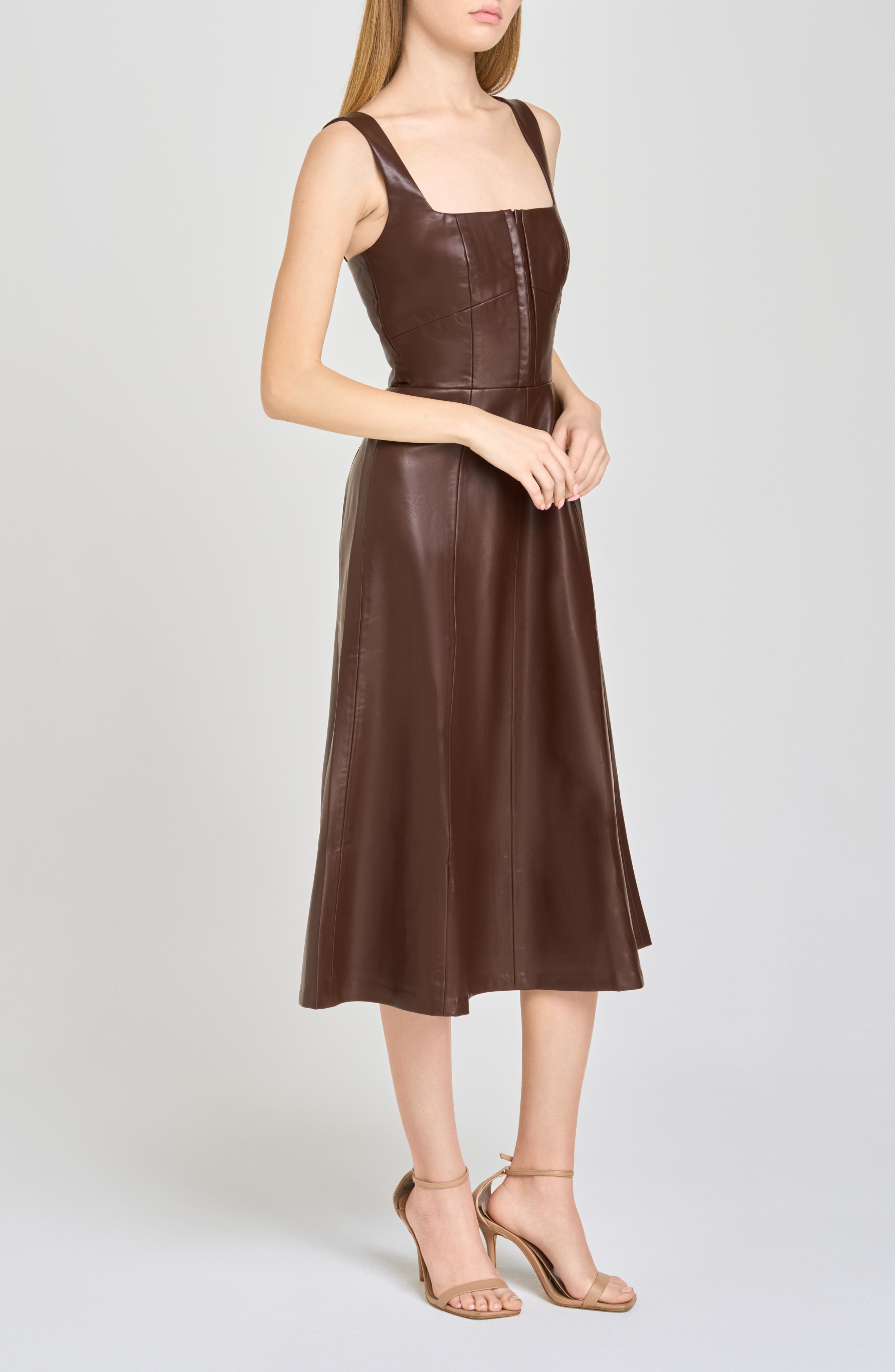Leonie Faux Leather Fit & Flare Midi Dress in Brown