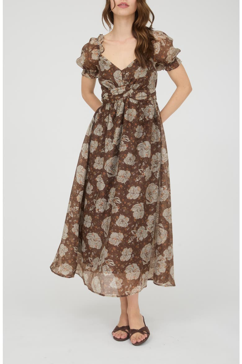 Puff Sleeve Midi Dress, Main, color, BROWN MULTI