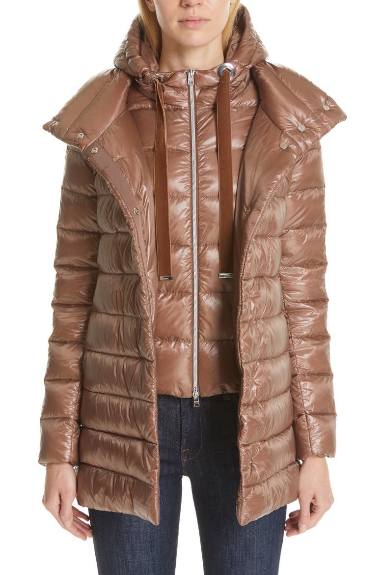 High/Low Quilted Down Puffer Coat with Removable Hooded Inset, Main, color, MINK