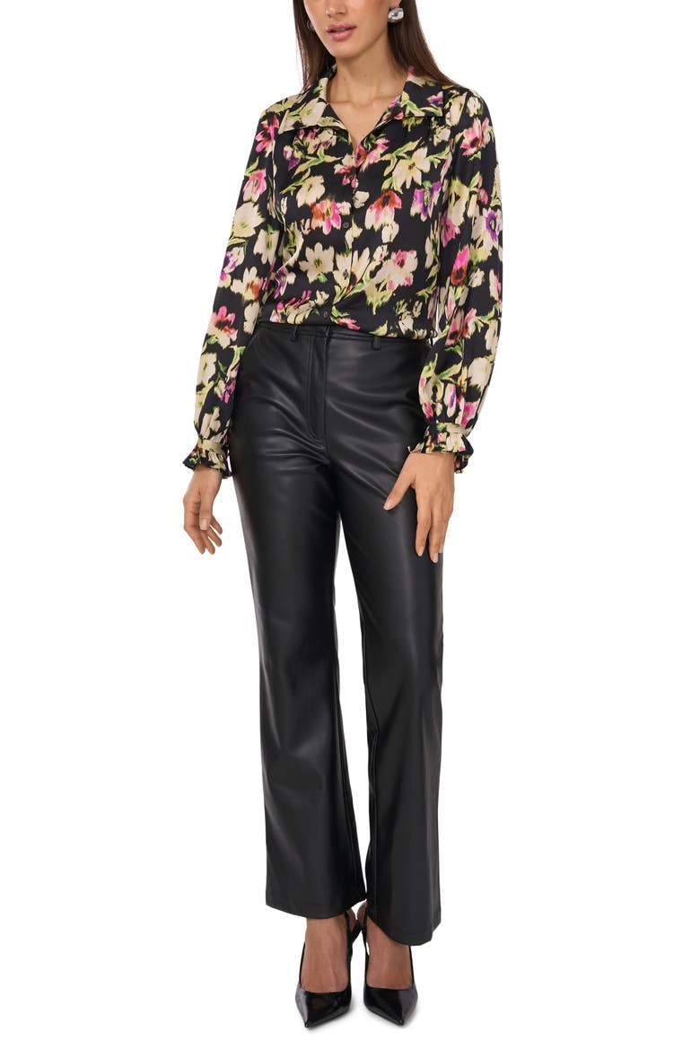 Ruffle Cuff Satin Button-Up Shirt, Alternate, color, RICH BLACK