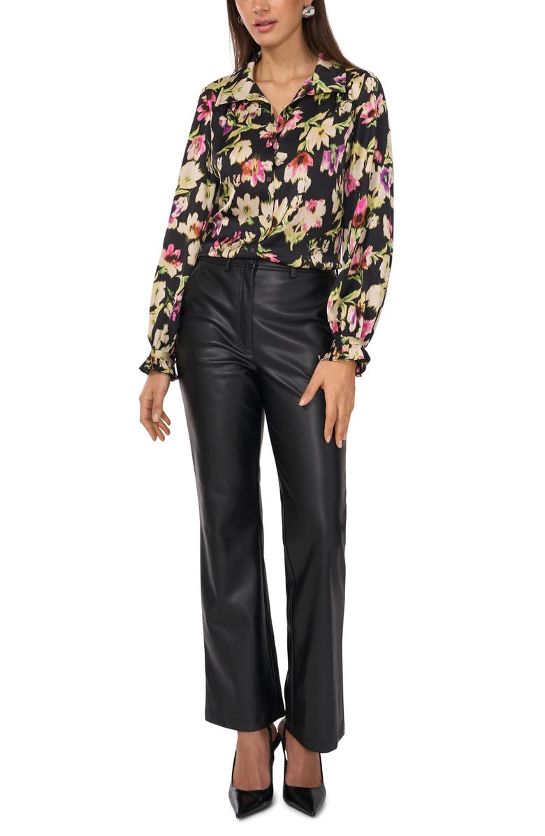 Vince Camuto Ruffle Cuff Satin Button-Up Shirt, Alternate, color, Rich Black