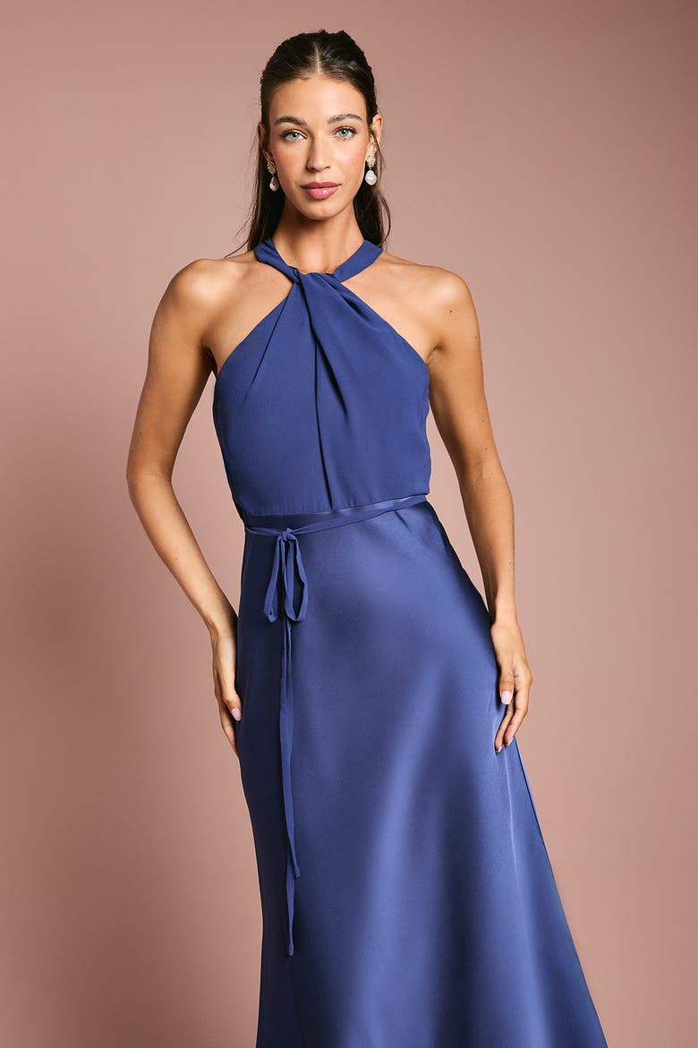 Satin Halter Neck Bridesmaid Dress, Alternate, color, Navy