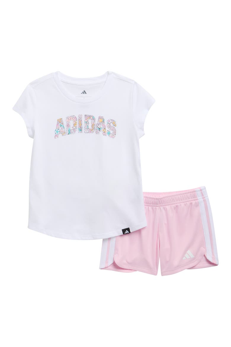 Kids' Logo T-Shirt & 3-Stripes Shorts, Main, color, WHITE W/ LIGHT PINK