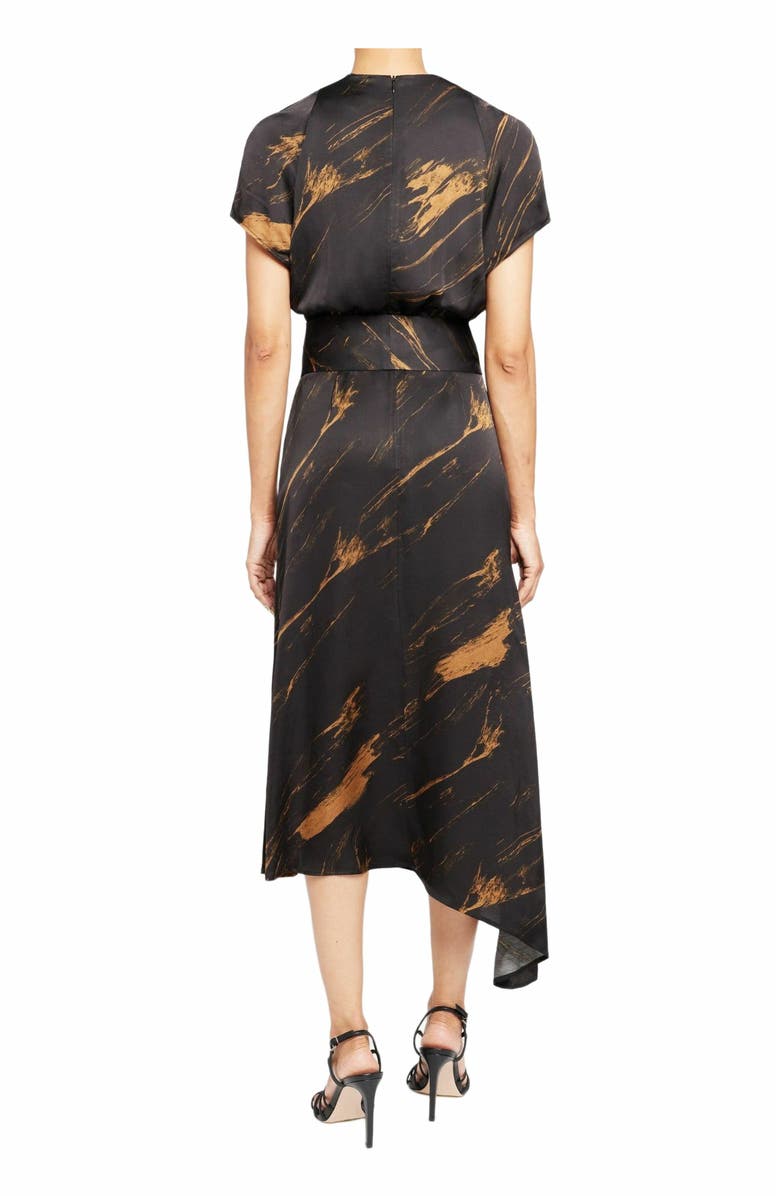 Santorelli HALEY Silk Asymmetric Faux Wrap Midi Dress in Abstract Crepe, Alternate, color, Black