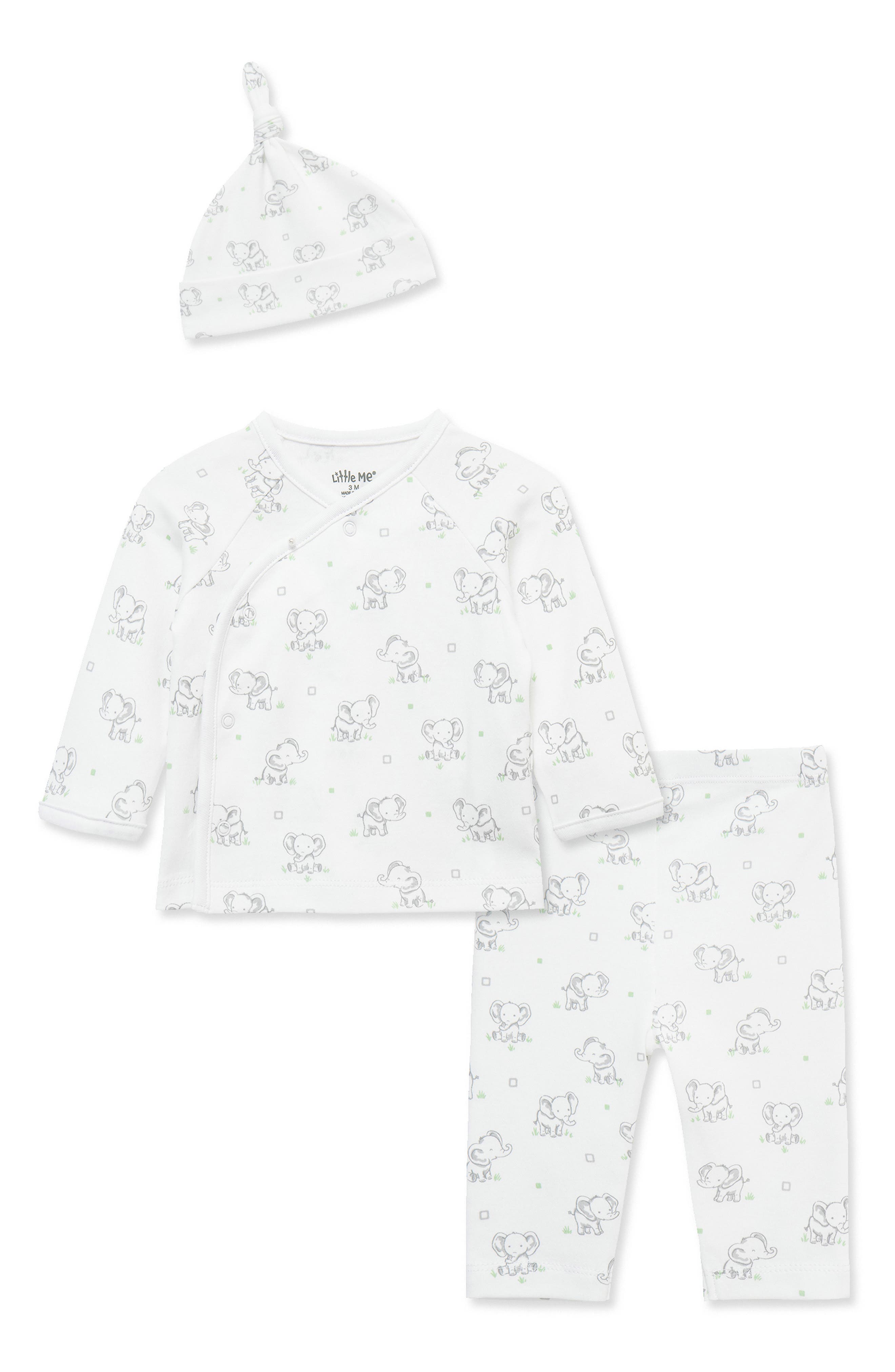 Little Me Elephants Take Me Home 3-Piece Organic Cotton Cardigan & Pants Set