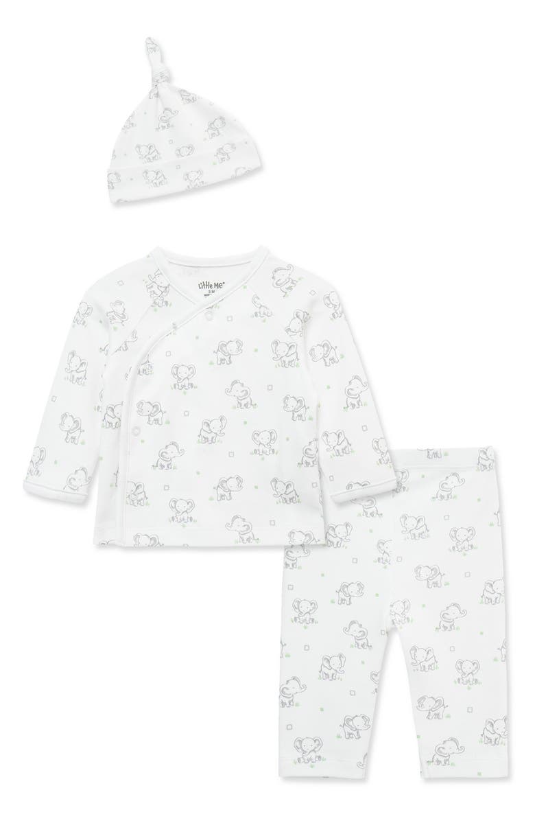 Little Me Elephants Take Me Home 3-Piece Organic Cotton Cardigan & Pants Set, Main, color, White