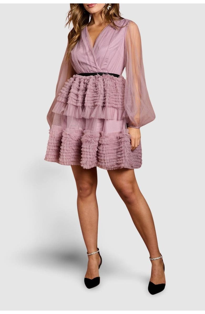 Coast Long Sleeve Mesh Wrap Top Mini Dress, Alternate, color, Lilac