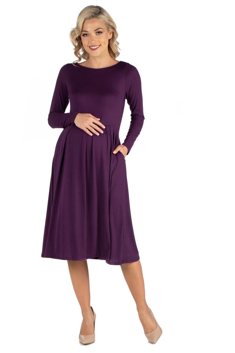Maternity Midi Length Fit and Flare Pocket Dress, Main, color, Purple