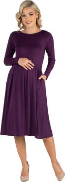 24seven Comfort Apparel Maternity Midi Length Fit and Flare Pocket Dress