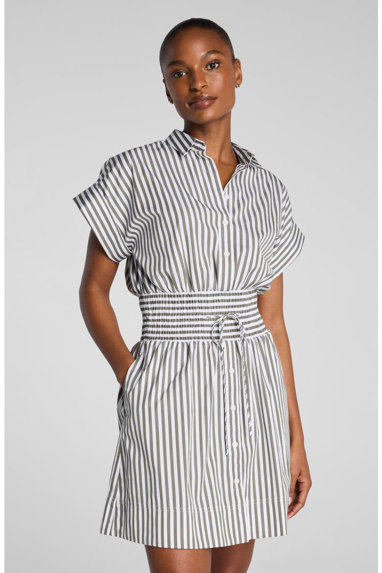 Smocked Striped Supima Cotton Mini Shirtdress, Alternate, color, FROSTED MOSS/ CLASSIC WHITE