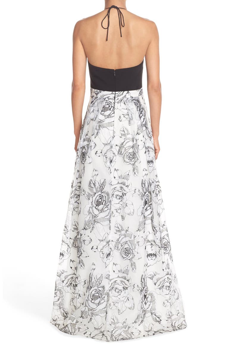 Halter Embroidered Ballgown, Alternate, color, BLACK/ IVORY