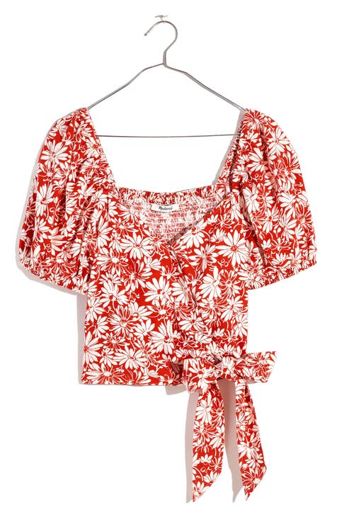 Abstract Floral Sweetheart Puff Sleeve Linen Blend Wrap Top