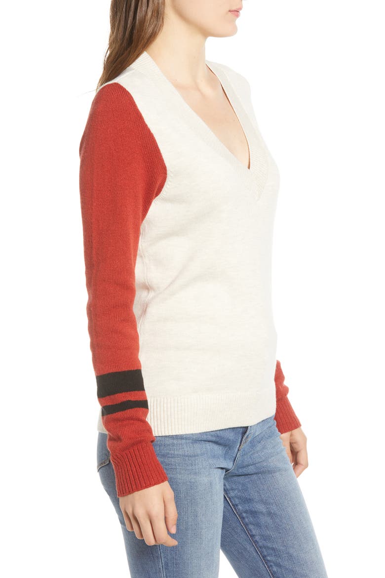 Stripe V-Neck Sweater, Alternate, color, BEIGE OATMEAL- RED COMBO