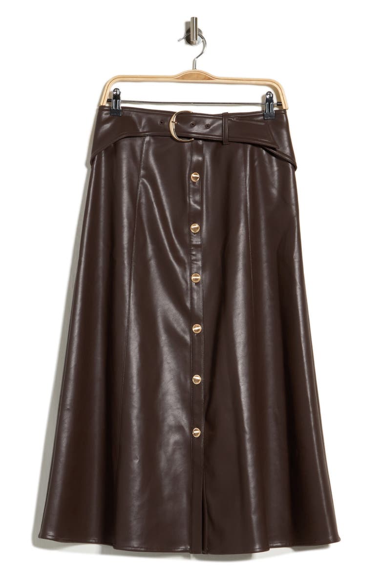 Button Front Faux Leather Midi Skirt, Alternate, color, BROWN