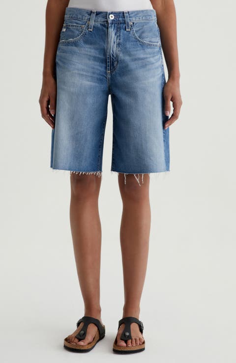 Hattie Raw Hem High Waist Long Denim Barrel Shorts (Gemini)