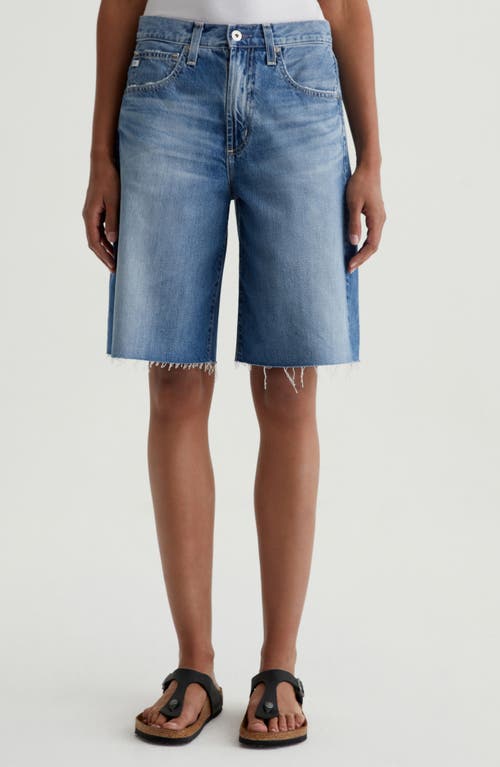 Ag Hattie Raw Hem High Waist Long Denim Barrel Shorts In Gemini