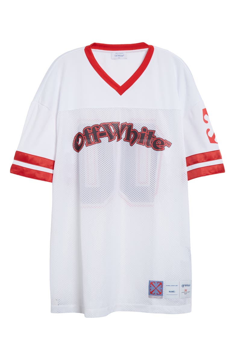 Off-White Gothic Logo V-Neck Football Mesh Graphic T-Shirt, Alternate, color, 