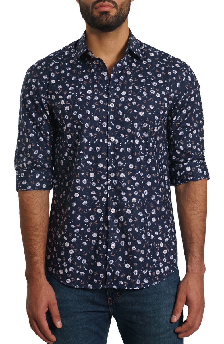 Jared Lang Trim Fit Floral Cotton Button-Up Shirt, Main, color, Dark Navy Floral