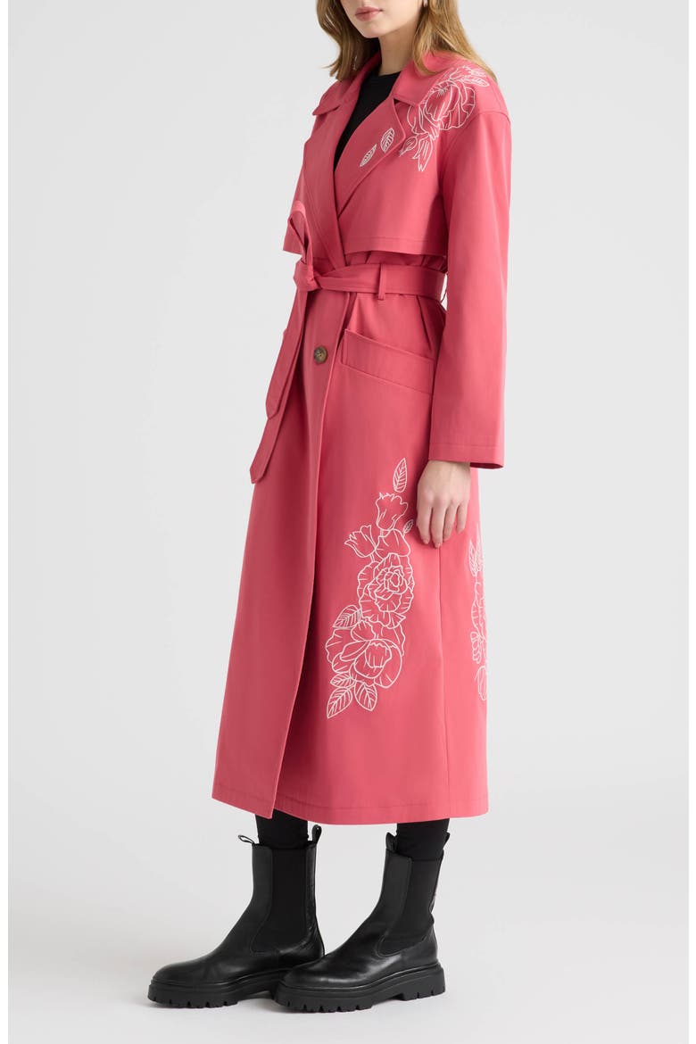 Embroidered Belted Trench Coat, Alternate, color, PITAYA RED