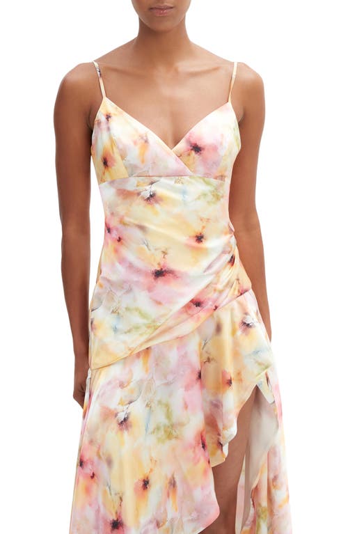 Bardot Sorella Printed Satin V-neck Draped Asymmetrical Ruffle Midi Dress