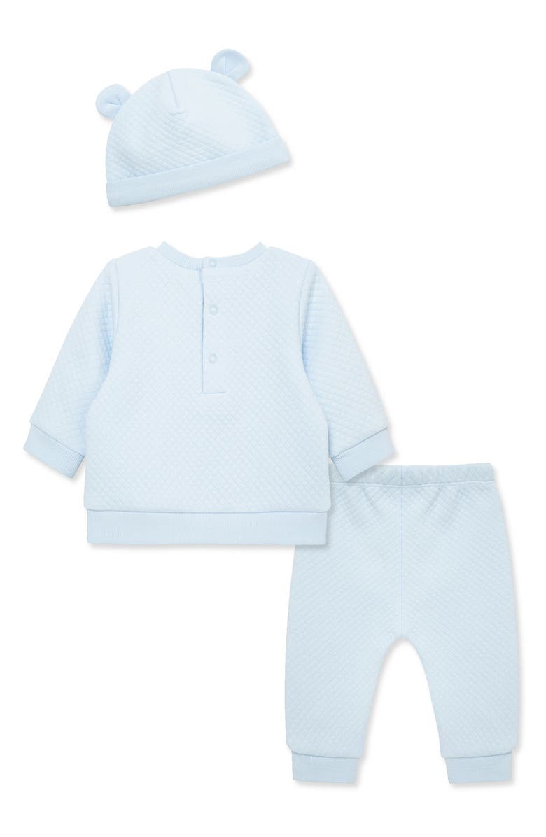 Little Me Bear Quilt Hat, Pullover & Pants Set, Alternate, color, Blue