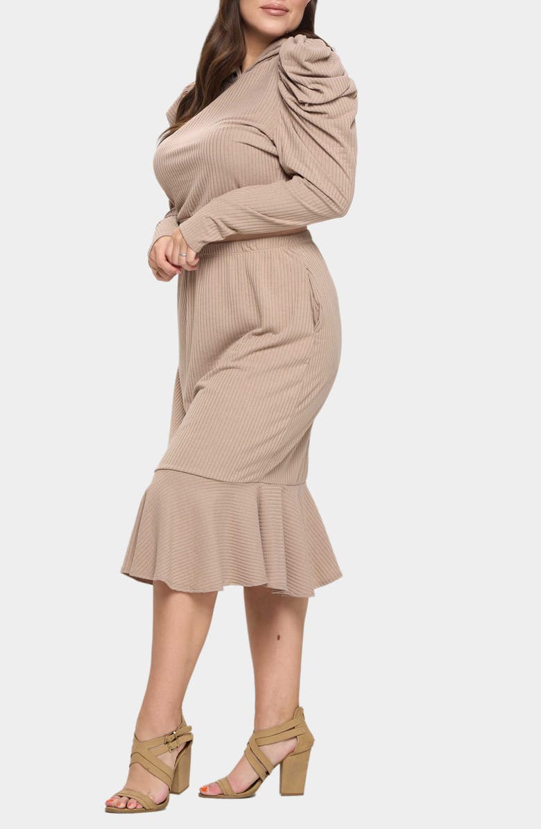 L I V D Carmen Rib Hooded Crop Top & Skirt, Alternate, color, Kahki