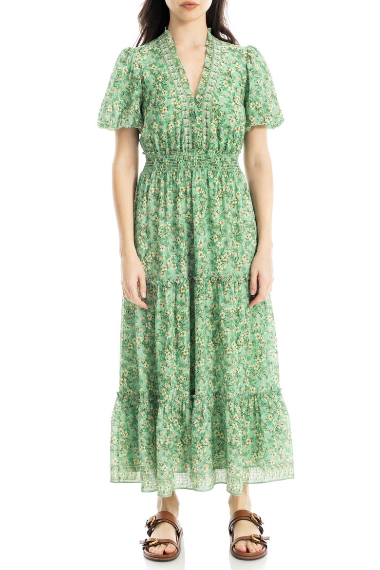 V-Neck Short Sleeve Tiered Maxi Dress, Alternate, color, GREEN TOSSED MEADOW