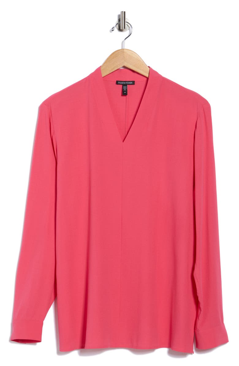 Eileen Fisher V-Neck Long Sleeve Silk Top, Alternate, color, Geranium