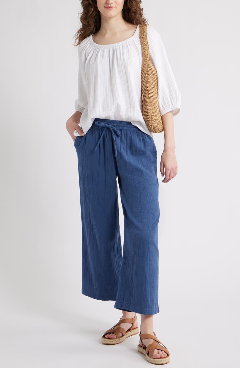 Caslon<sup>®</sup> Gathered Elbow Sleeve Gauze Top, Alternate, color, White