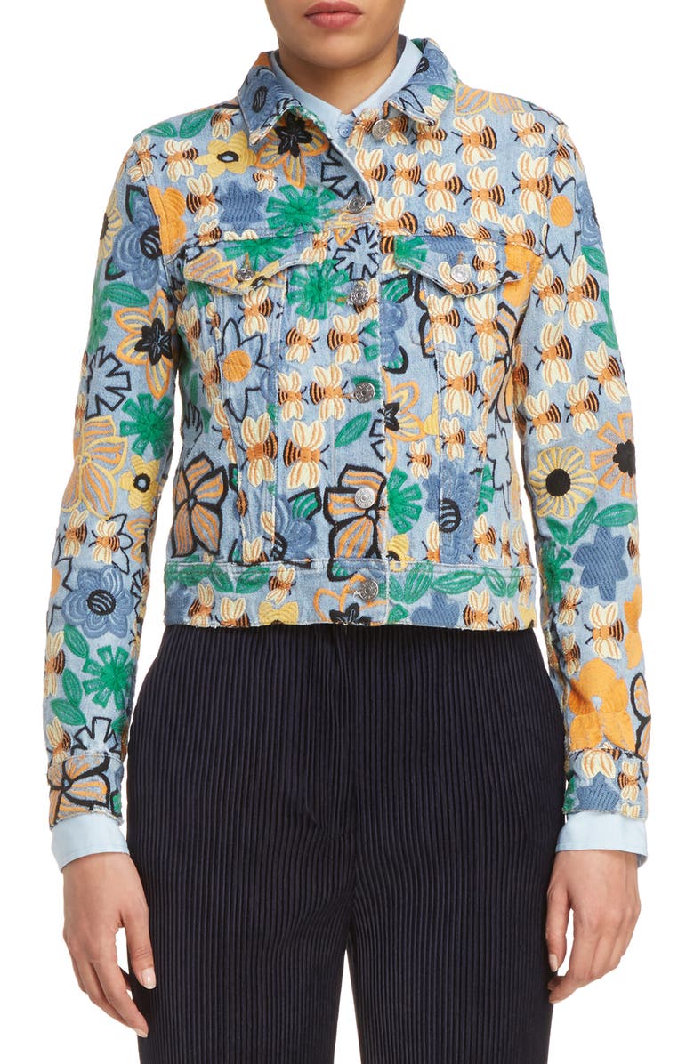 Acne Studios Chea Floral Embroidered Crop Denim Jacket, Main, color, 
